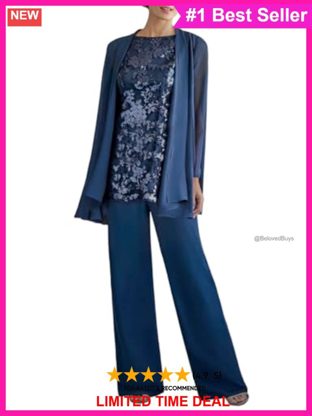 3 Piece Pants Suit Set Lace Top Jacket Formal Wedding Guest